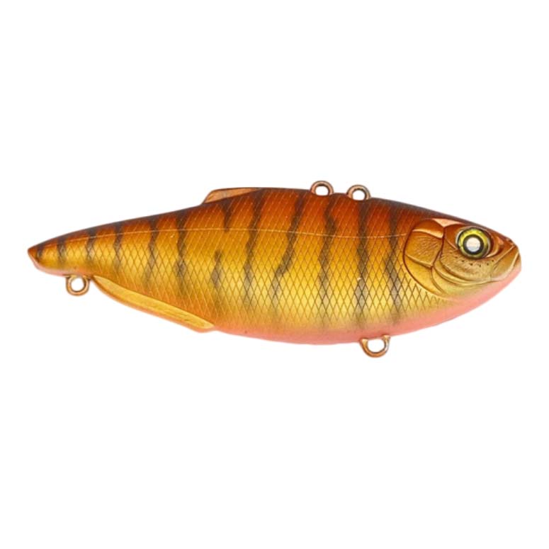Nishine Lure Works Simcoe 75 Lipless Crankbait in orange and gold with black stripes, designed as a realistic fishing lure for attracting musky and other game fish.