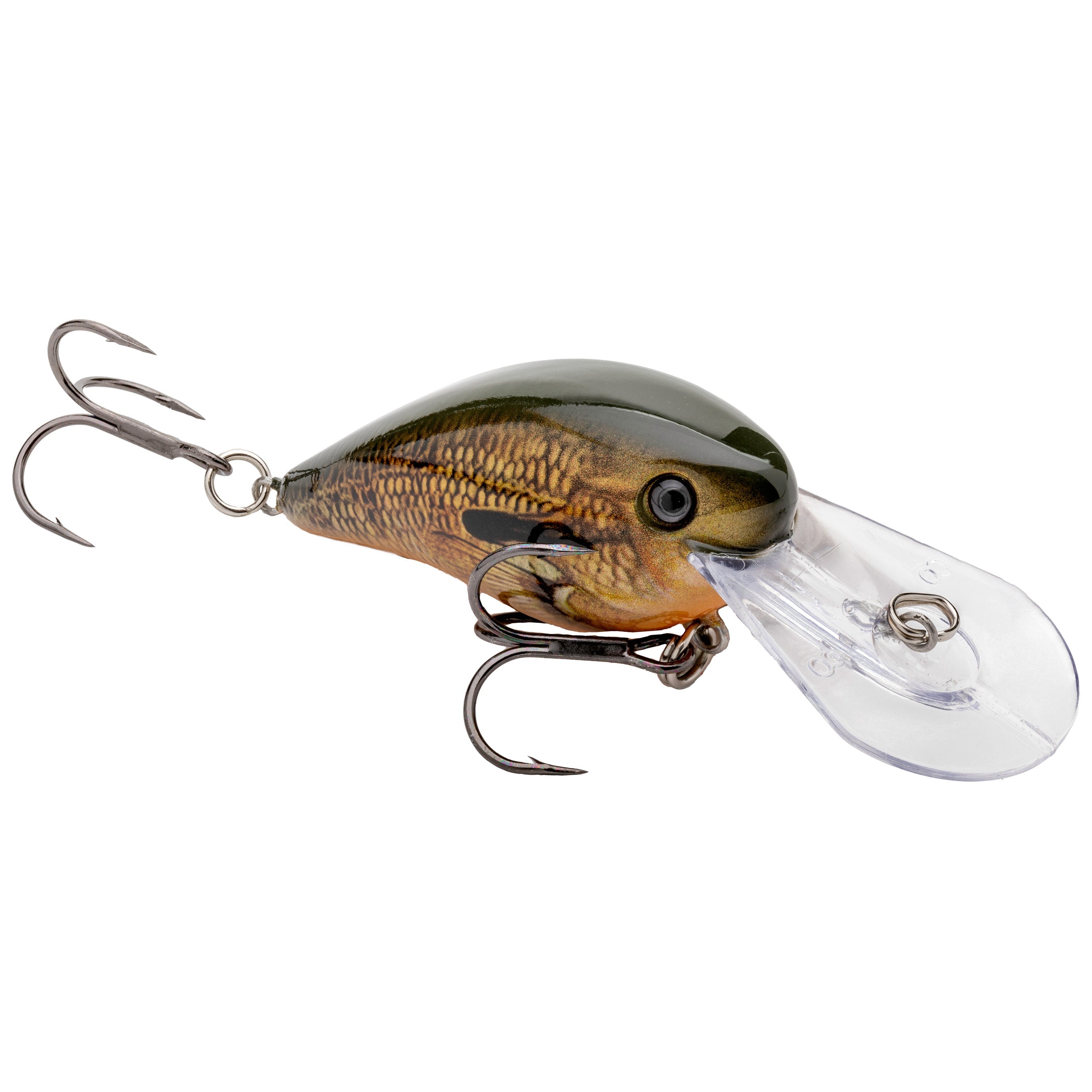 Close-up of a Strike King Gravel Dawg 10 Crankbait fishing lure featuring realistic fish scale pattern in green and brown with two treble hooks and a large clear plastic lip for deep diving.