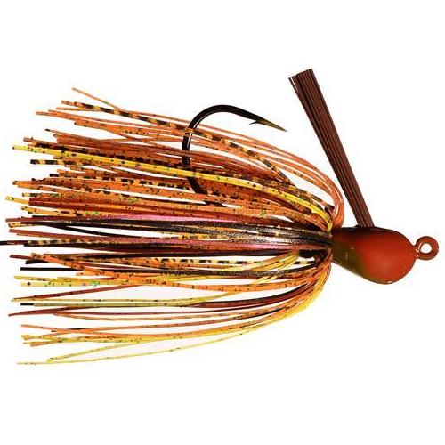 Outkast Tackle Juice Jig fishing lure featuring a weed guard, weighted head, and multi-colored skirt in shades of orange, brown, and yellow designed for effective freshwater fishing tackle use.