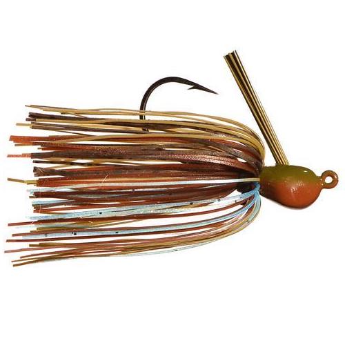 Outkast Tackle Juice Jig fishing lure with multi-colored skirt in brown, tan, and light blue hues, featuring a weed guard and a sharp single hook for freshwater fishing.