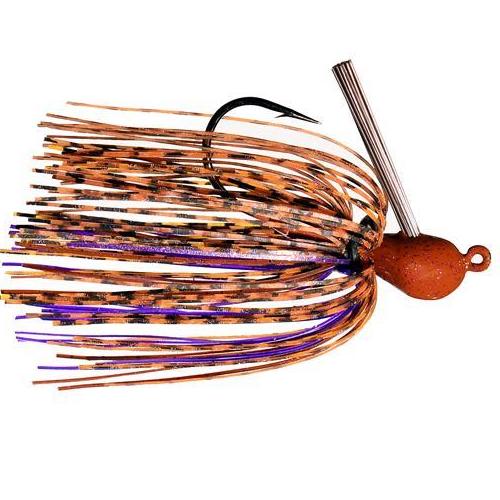 Outkast Tackle Juice Jig fishing lure with brown and purple skirt, weighted head, sharp hook, and weed guard designed for effective freshwater fishing tackle.