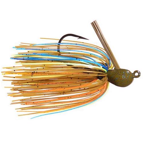 Outkast Tackle Juice Jig with a weed guard, featuring a multi-colored skirt in shades of brown, orange, blue, and green, designed for freshwater fishing tackle.