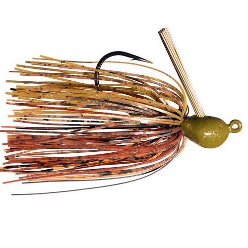 Outkast Tackle Juice Jig fishing lure with a green head, brown and orange skirt, single hook, and weed guard designed for freshwater fishing tackle.