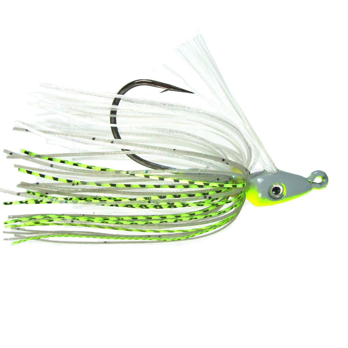 Outkast Tackle Pro Swim Jig Heavy Cover fishing lure with a green and white skirt, detailed eyes, and sharp hook designed for heavy cover bass fishing and tackle enthusiasts.