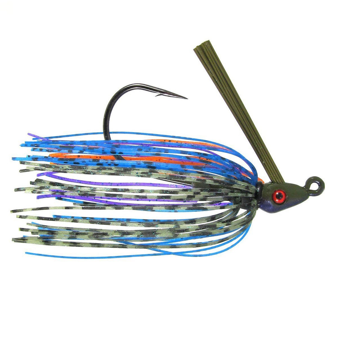 Outkast Tackle Pro Swim Jig Heavy Cover fishing lure with a sharp hook and multi-colored skirt featuring blue, orange, gray, and black accents designed for heavy cover bass fishing.
