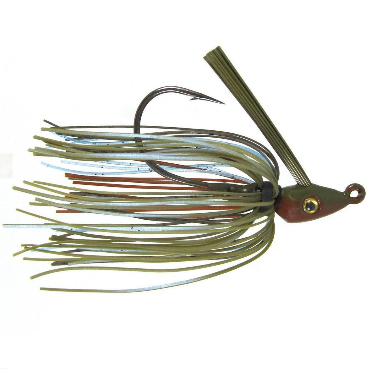 Outkast Tackle Pro Swim Jig Heavy Cover fishing lure with a weighted head, realistic eyes, and multi-colored silicone skirt designed for heavy cover fishing.