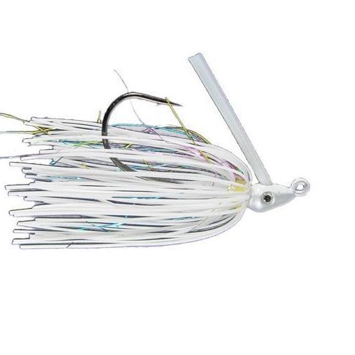 Outkast Tackle Pro Swim Jig Heavy Cover with white and silver skirt, weed guard, and sharp hook designed for fishing tackle targeting heavy cover environments.