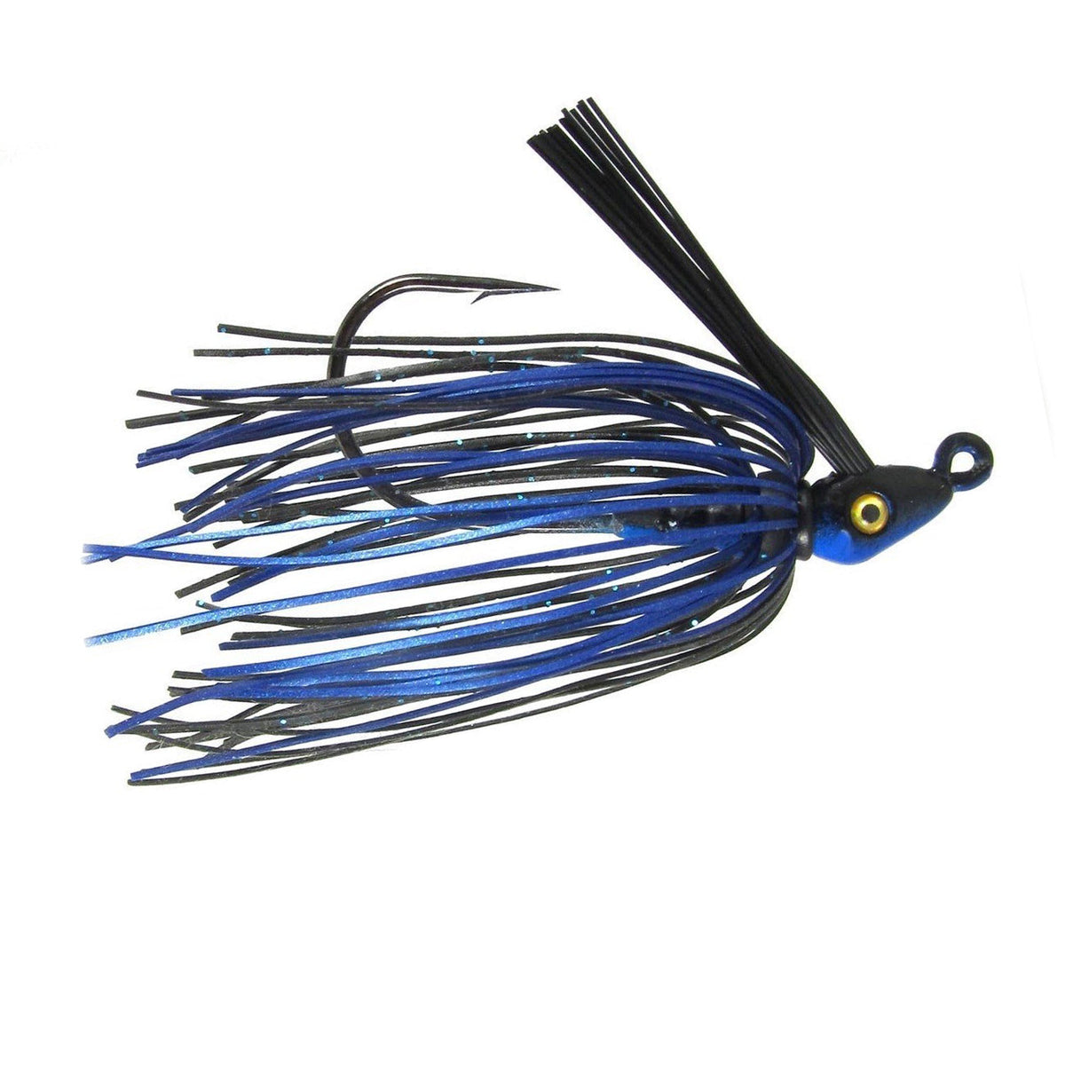 Outkast Tackle Pro Swim Jig Heavy Cover in blue and black with a weighted head, single hook, and flexible skirt designed for fishing tackle in heavy cover environments.