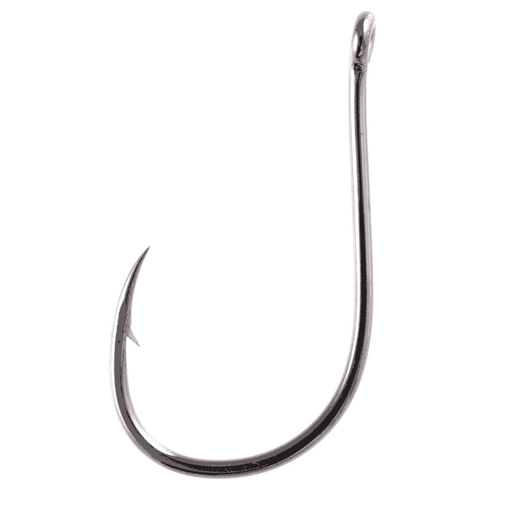 Owner Mosquito Hook displayed on a white background, featuring a sharp, curved point with a small barb and a polished black chrome finish for durability in fishing tackle.