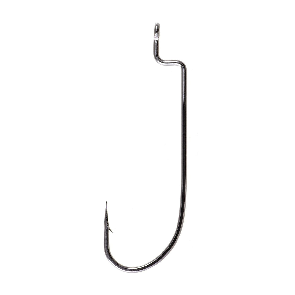 Owner Offset Shank Worm Hook in dark metal finish featuring a straight shank with a sharp point and barb, designed for secure fishing tackle use.