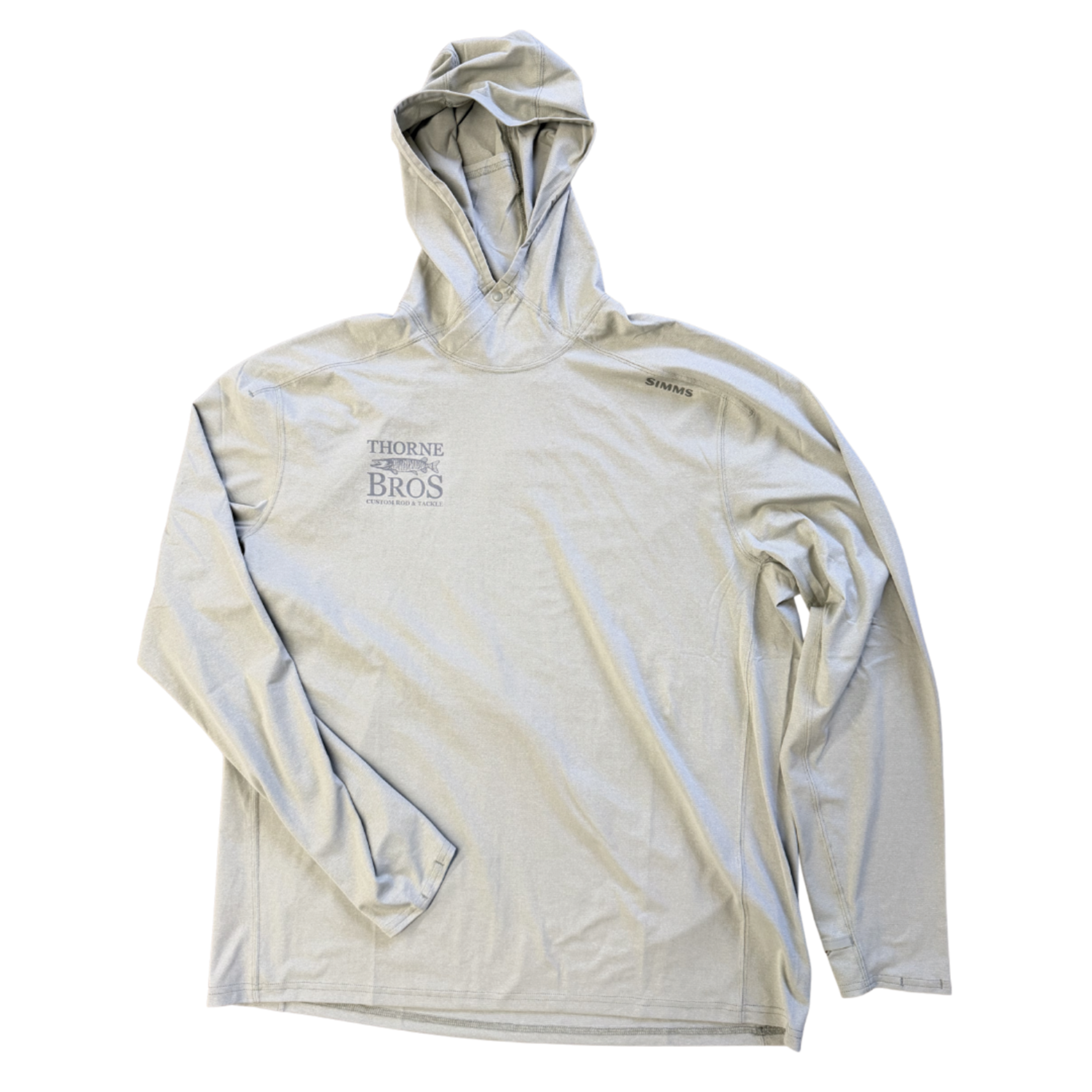 Light gray Simms Thorne Bros. Logo M's SolarFlex Hoody with long sleeves and hood, lightweight fabric designed for fishing and outdoor activities, featuring logos on chest and shoulder.