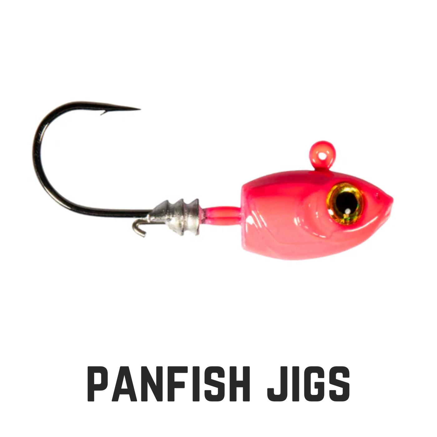 small pink jig with eyes with overlay text panfish jigs