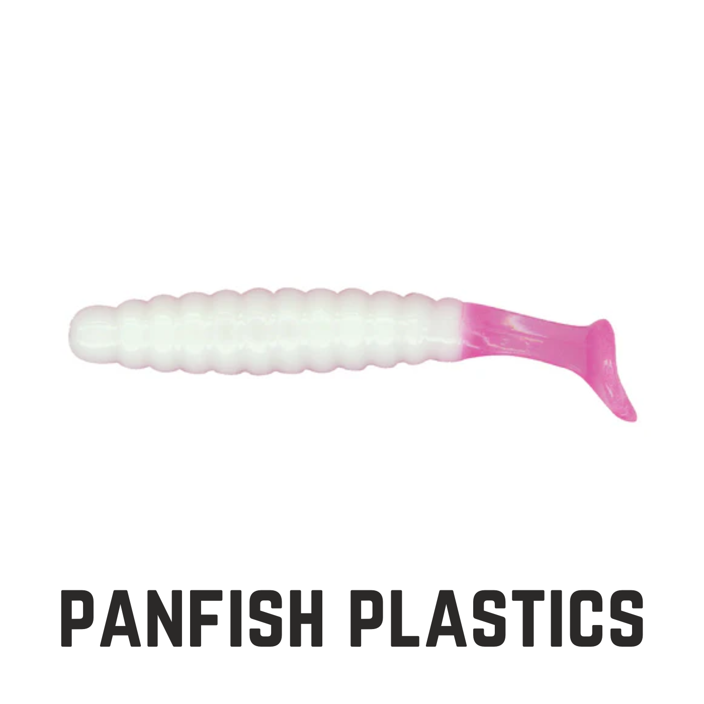 small white and pink soft plastic  with text overlay panfish plastics