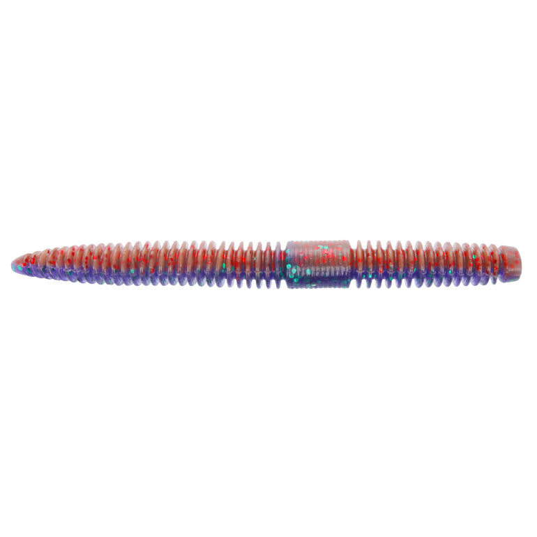Yamamoto 5.5" Slink-O Floater Worm fishing lure with segmented body in translucent red and blue tones, designed for effective fishing tackle use.