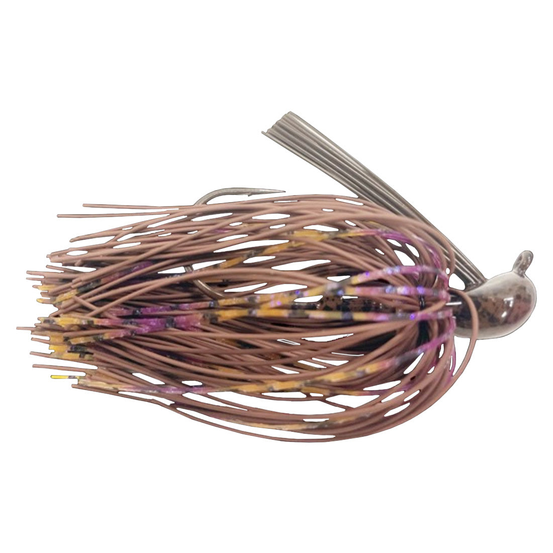 Greenfish Tackle Little Rubber Jig featuring a weighted head, lifelike rubber skirt in brown and purple tones, designed for effective fishing lure action and attraction.