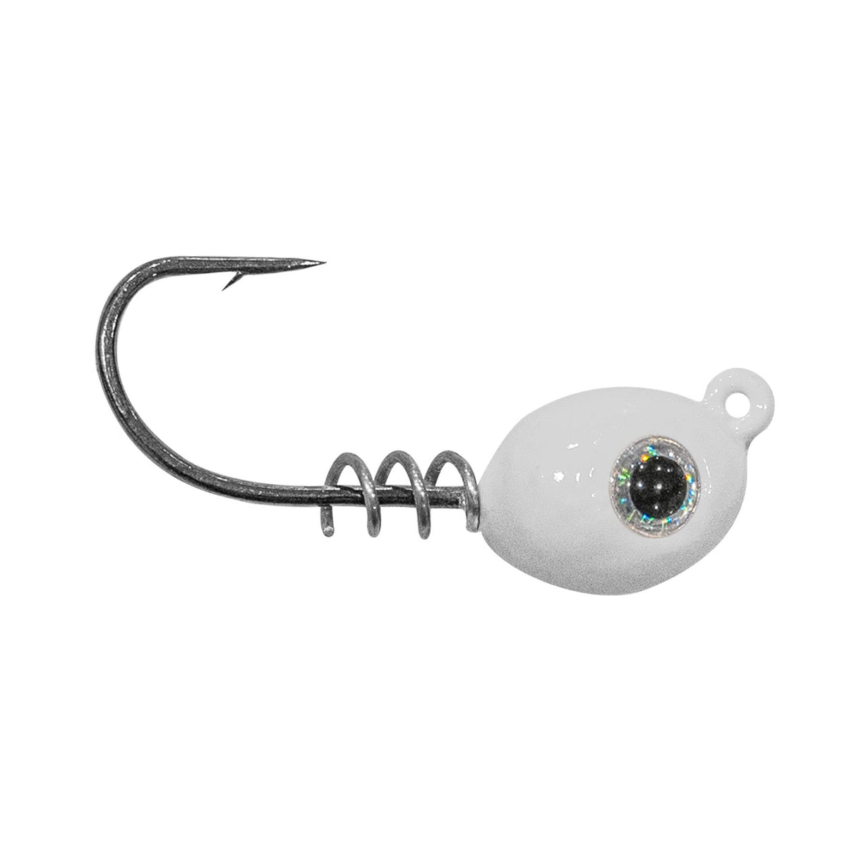 1Standard Dock Shooter Jig Head featuring a white, pearlescent weighted head with a realistic black and silver eye, attached to a sharp metal fishing hook with a coiled wire base.