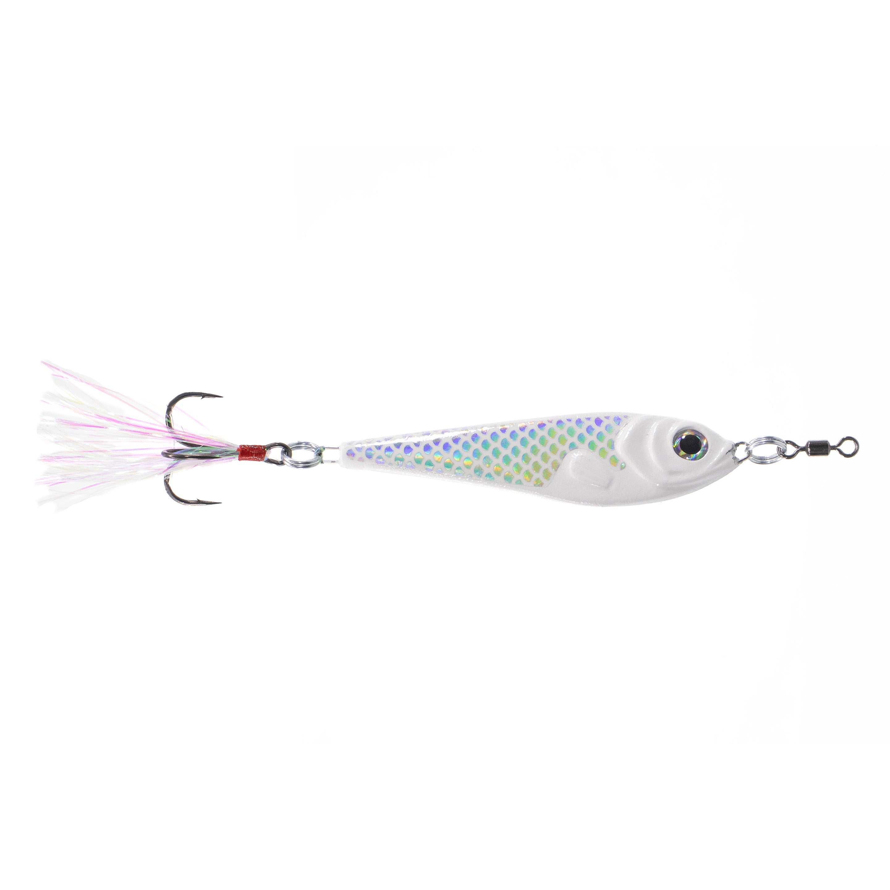 Nichols Lures Duh Spoon fishing lure with a pearl white body, holographic scale pattern, feathered treble hook, and swivel for smooth casting and trolling.