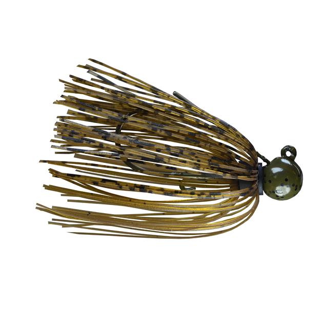 Picasso Lures Tungsten Little Spotty Finesse Jig with a green pumpkin tiger color skirt, detailed strands, and weighted jig head designed for finesse fishing techniques.