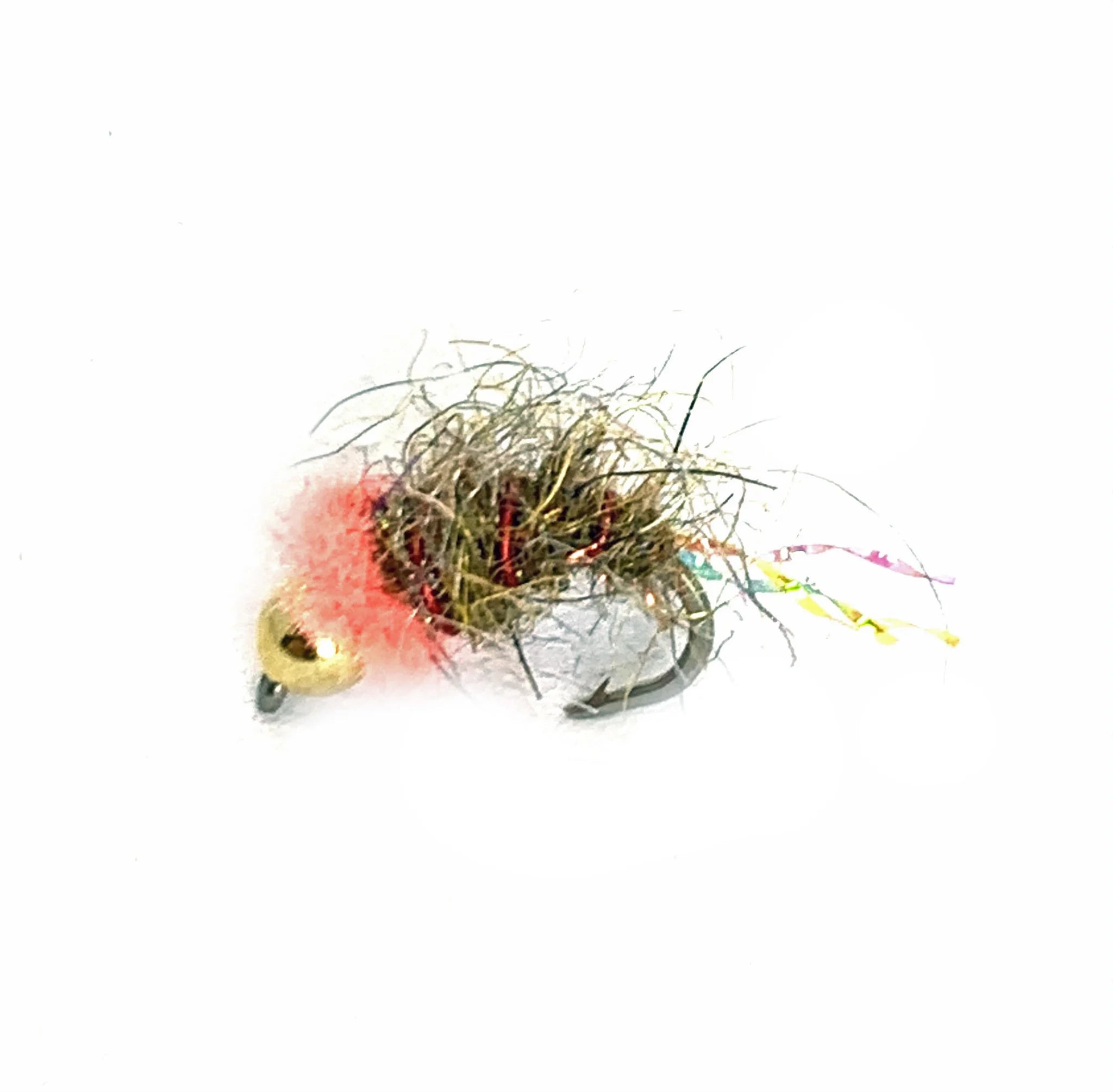 Close-up of a Pink Squirrel fishing lure with a gold bead head, fuzzy pink collar, and mixed natural fibers designed for fly fishing and musky tackle.