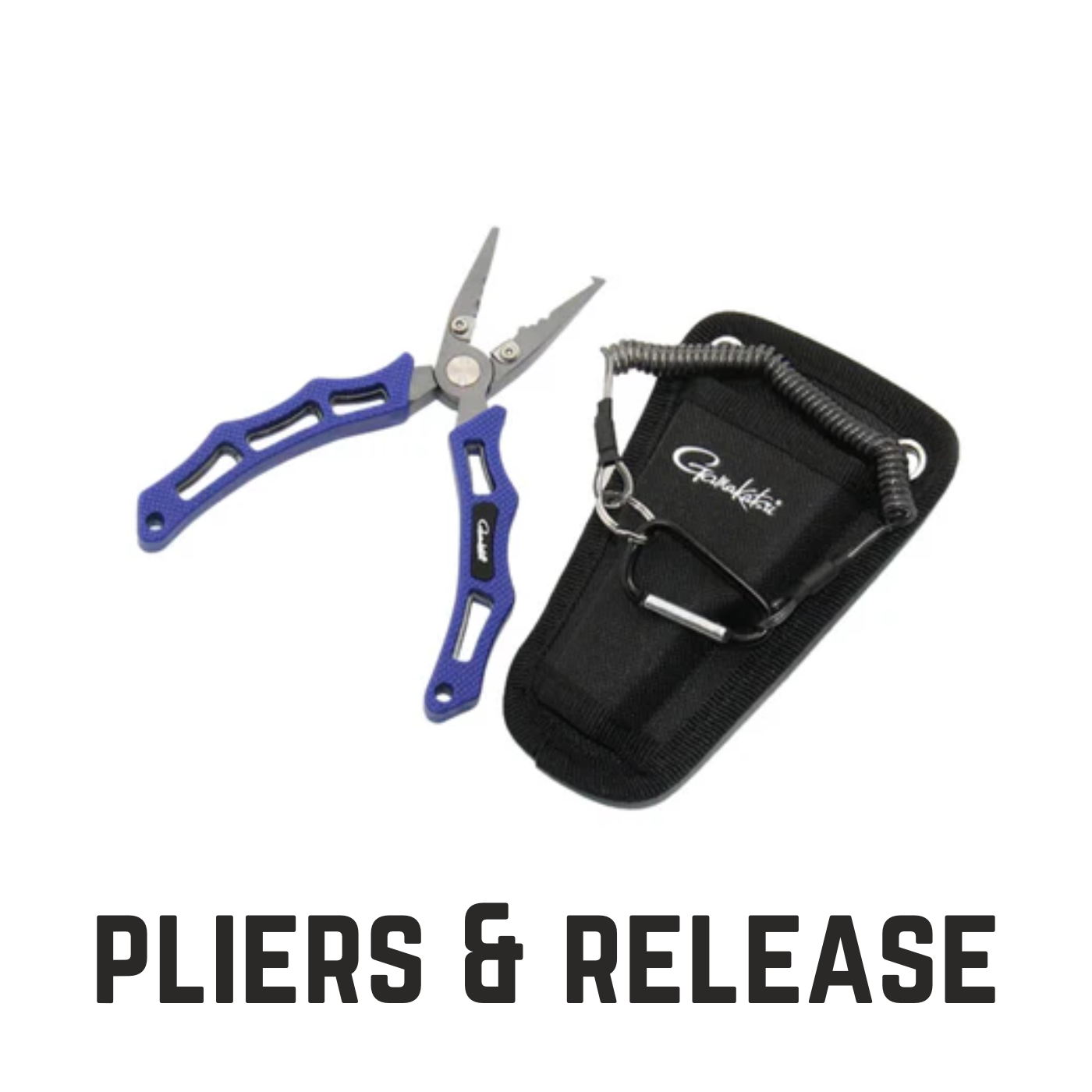 blue handled pliers with black sheath with text overlay pliers & release