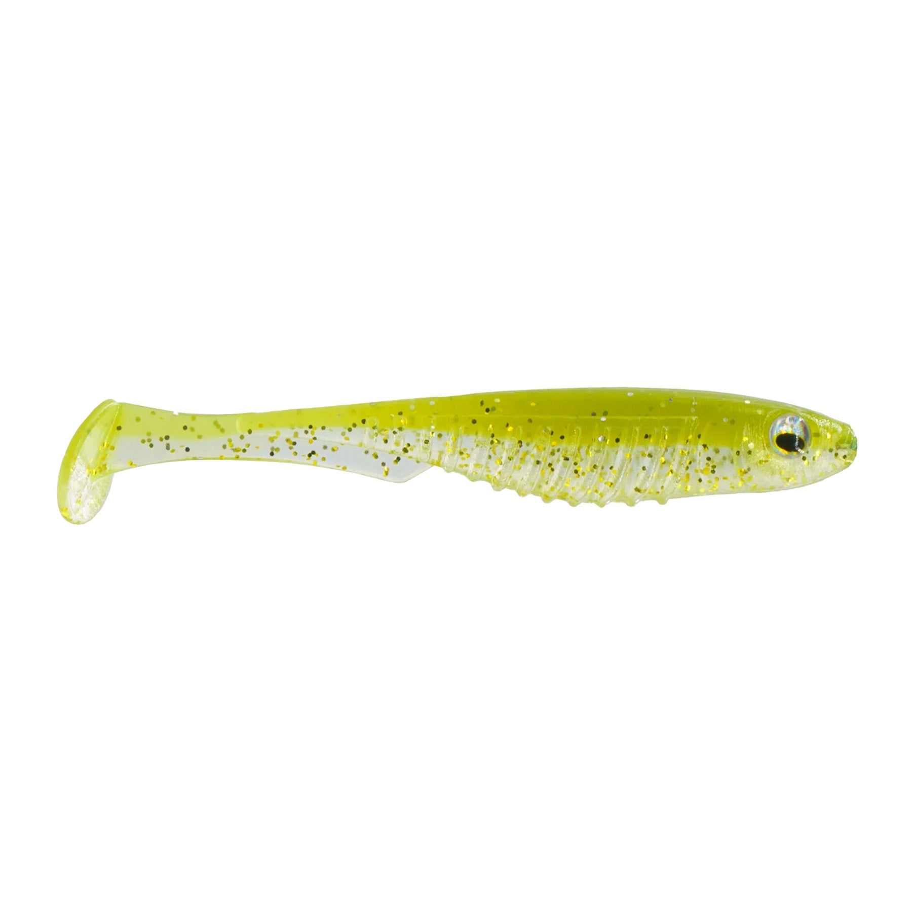 6th Sense Party Minnow 3.0 soft fishing lure in translucent green and yellow with glitter accents, designed for freshwater and musky fishing tackle applications.