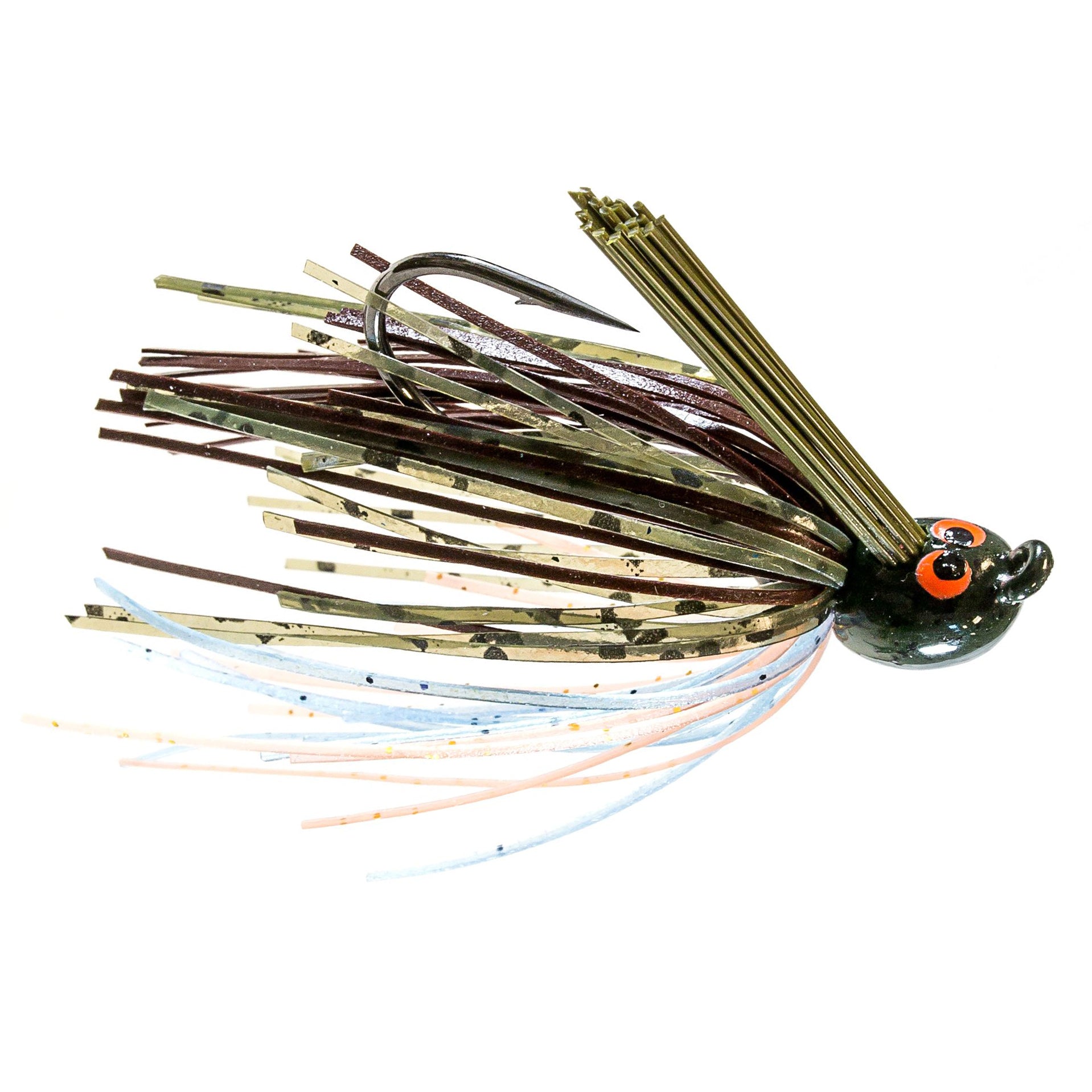 Z-Man CrossEyeZ Power Finesse Jig fishing lure with multi-colored skirt strands in shades of brown, beige, and light blue, and a black head featuring orange eyes and a protective weed guard.