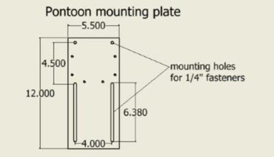 Diagram showing dimensions and mounting hole positions for a pontoon mounting plate with measurements labeled for installation, related to the Beatdown Outdoors Pontoon - Fixed Transducer Pole SKU:TPOLE-FIXED-AT-PONTOON.