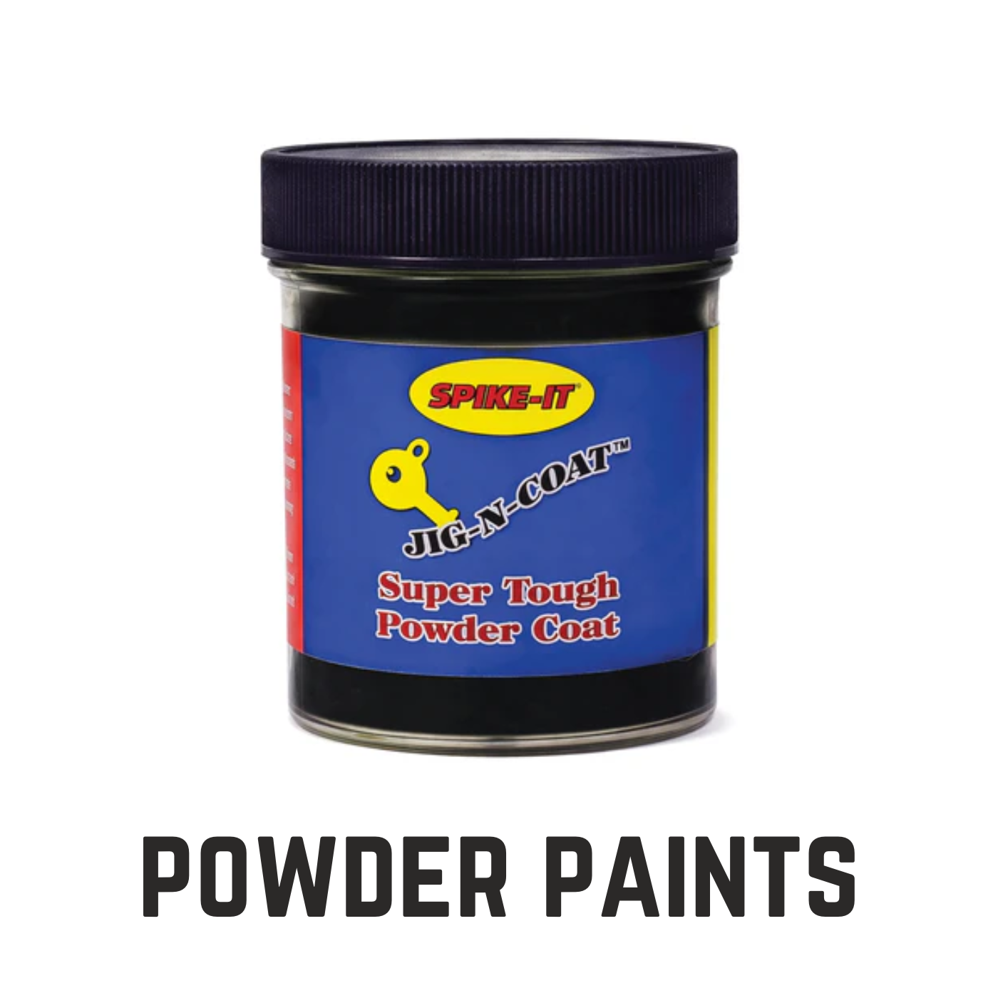 jar of jig n coat super powder coat with text overlay powder paints