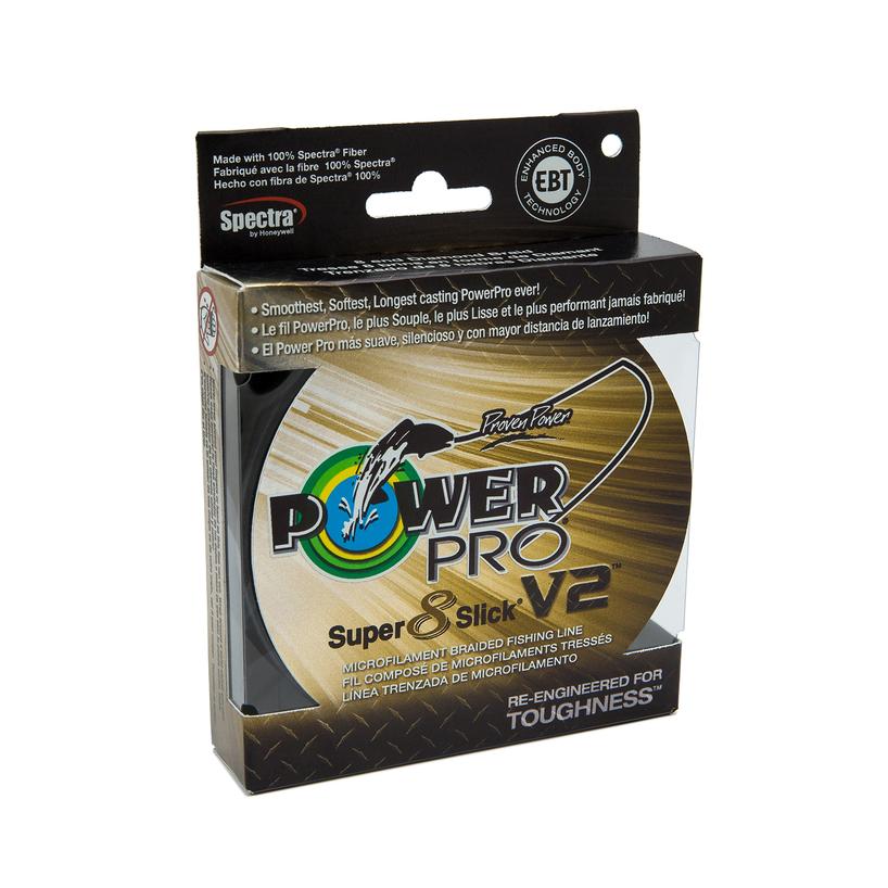 Packaging of PowerPro Super Slick V2 fishing line displaying branding and product features, designed for smooth, strong braided fishing line use.