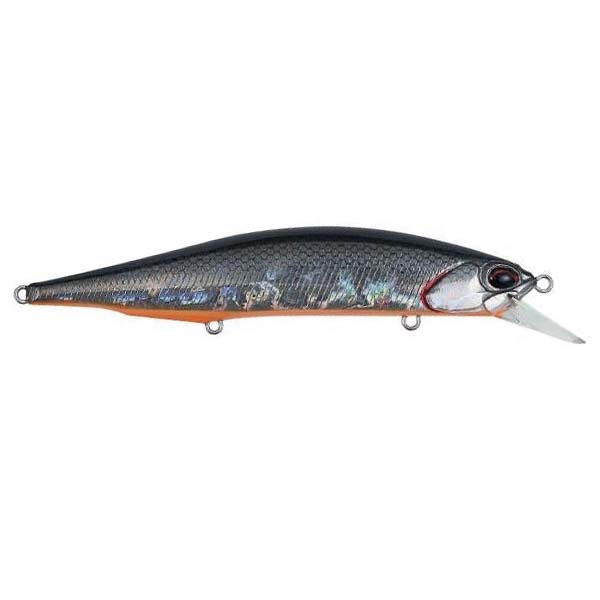 Side view of a Duo Realis 110SP Jerkbait fishing lure featuring a sleek, dark-scaled body with reflective, iridescent details, a realistic fish eye, and an angled lip for diving action.