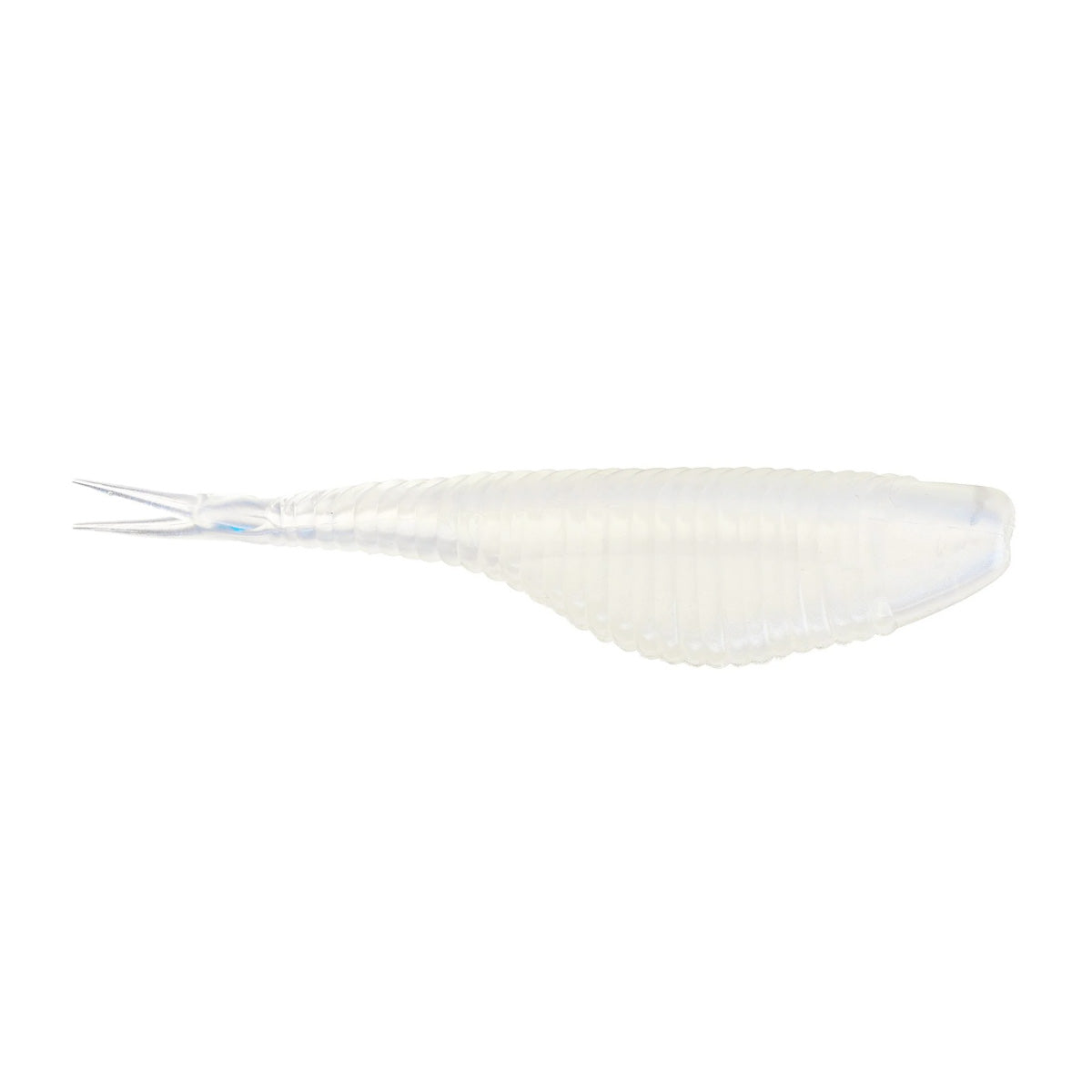 Damiki Fat Armor Shad fishing lure in translucent white with ribbed body and forked tail designed for lifelike movement in water.
