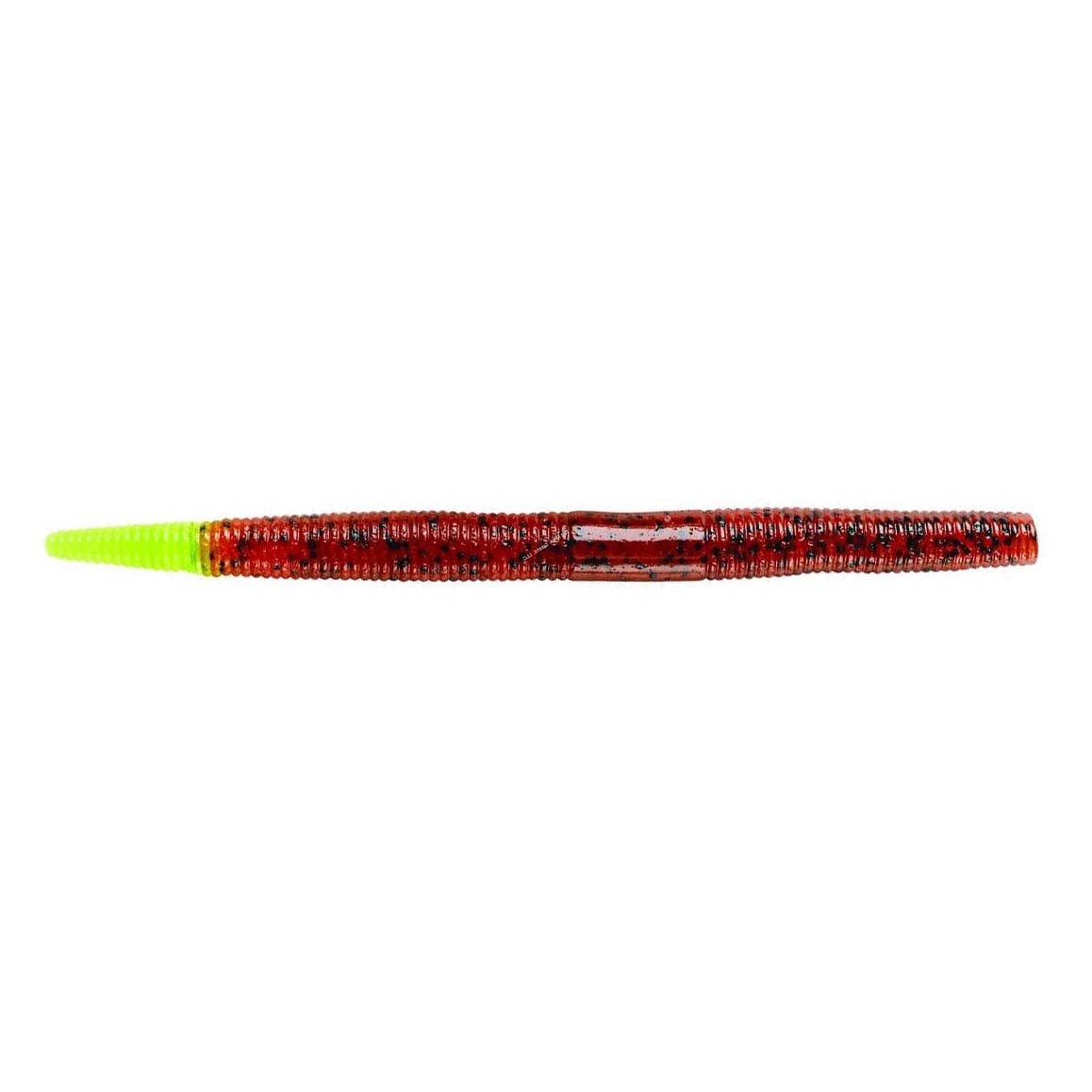 Yum Dinger Worm 5" fishing lure in red with black speckles and a bright green tail, designed for use as soft bait in fishing tackle.