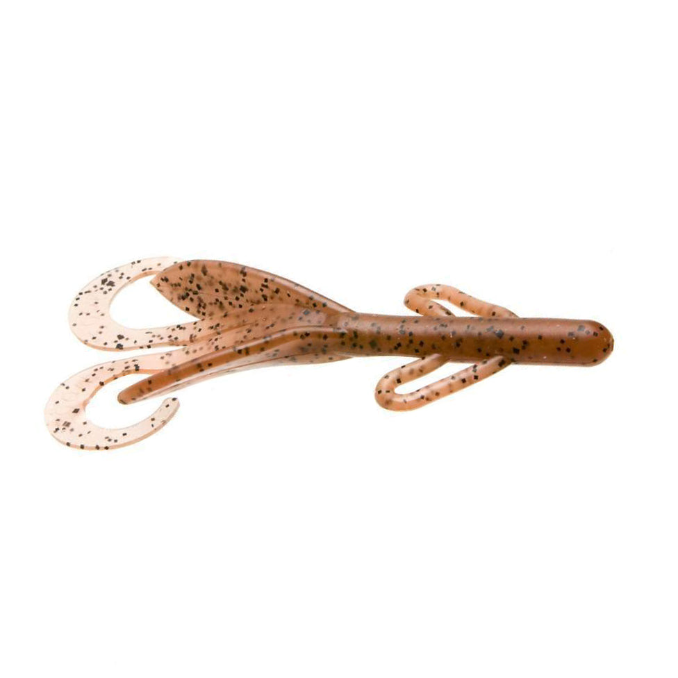 Zoom Brush Hog soft plastic fishing lure in translucent pumpkin color with black speckles, designed for effective use with fishing tackle targeting musky and other game fish.