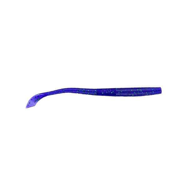 Yamamoto Kut Tail Worm 5" in a deep purple color with subtle emerald flakes, designed as a soft fishing lure for musky and other freshwater fishing.