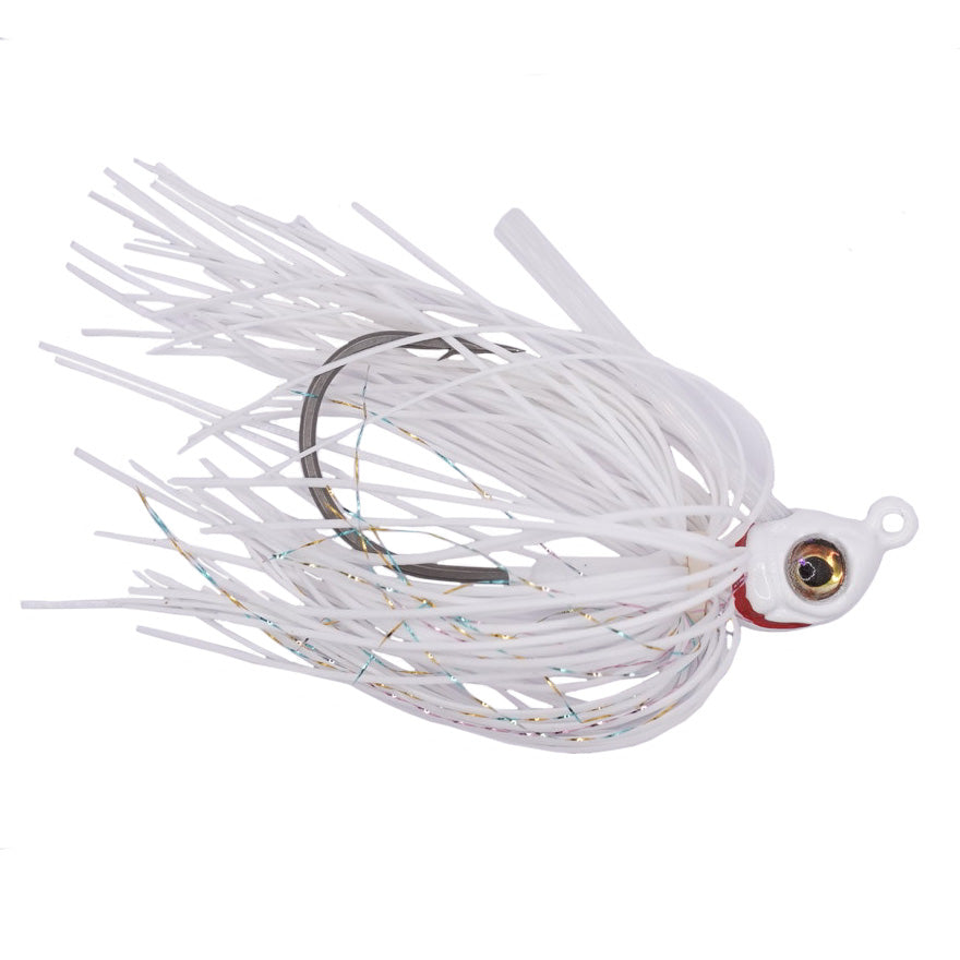 Outkast Tackle Jackpot Swim Jig fishing lure with white skirt and detailed lifelike eye designed for effective fishing tackle use.