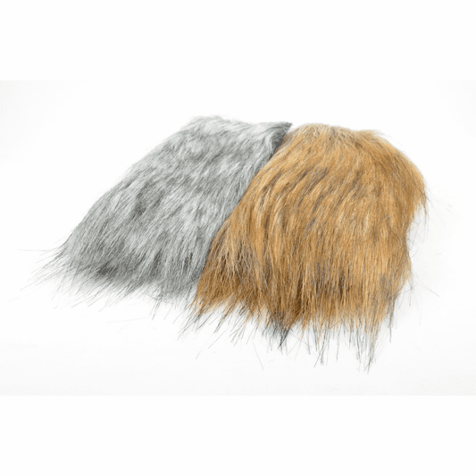 Rainy's Craft Fur shown in gray and tan bundles with long soft fibers for tying fishing flies and lures