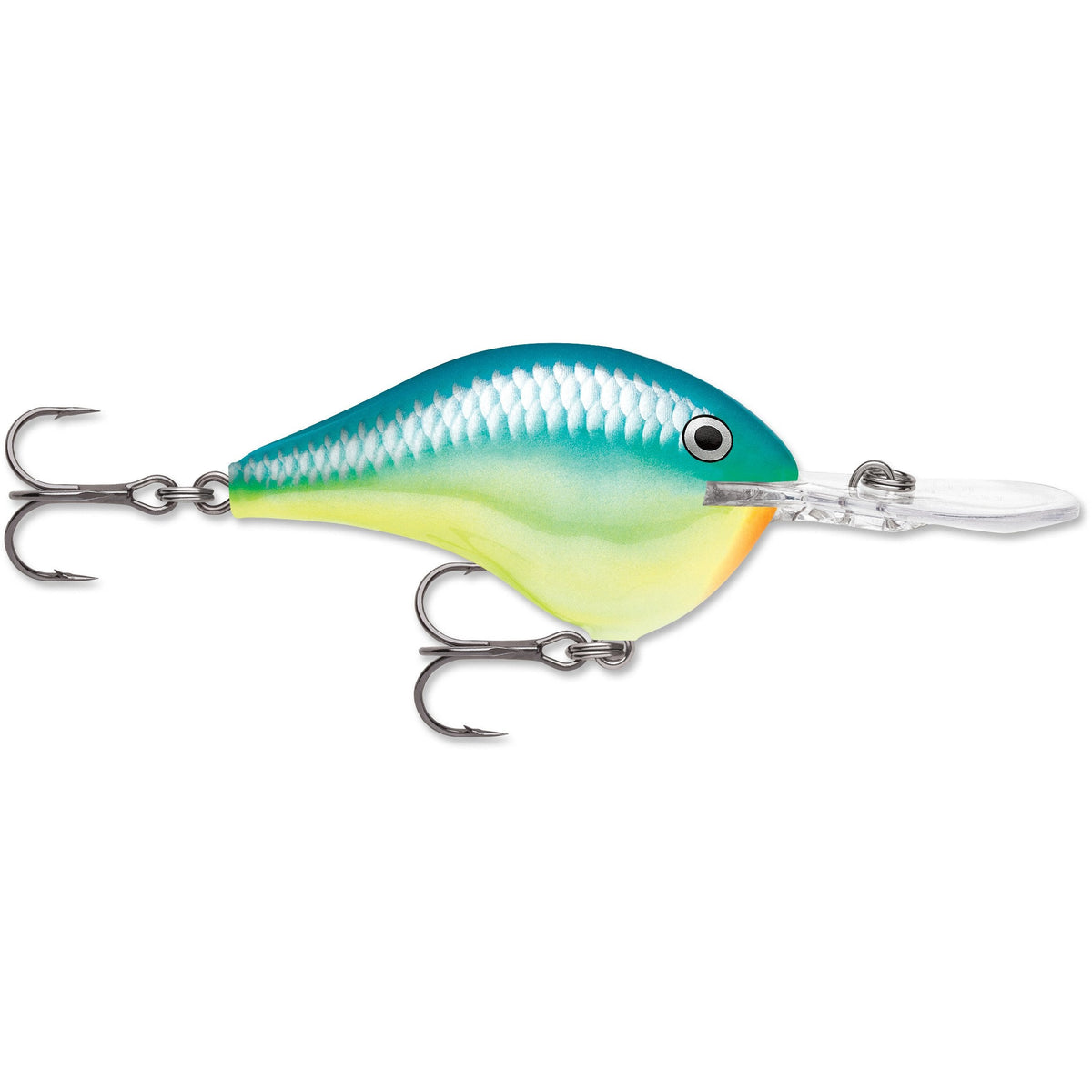Rapala DT 14 Crankbait featuring a blue and green scaled body with yellow underside, detailed eye, clear plastic diving lip, and two sharp treble hooks for fishing tackle.