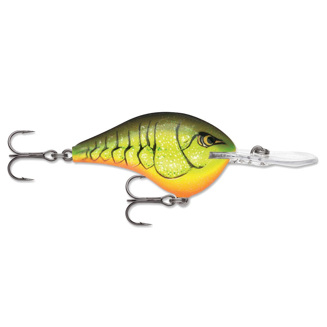 Rapala DT 14 Crankbait fishing lure in chartreuse and orange colors with realistic fish scale pattern, equipped with two treble hooks for effective bass or musky fishing.