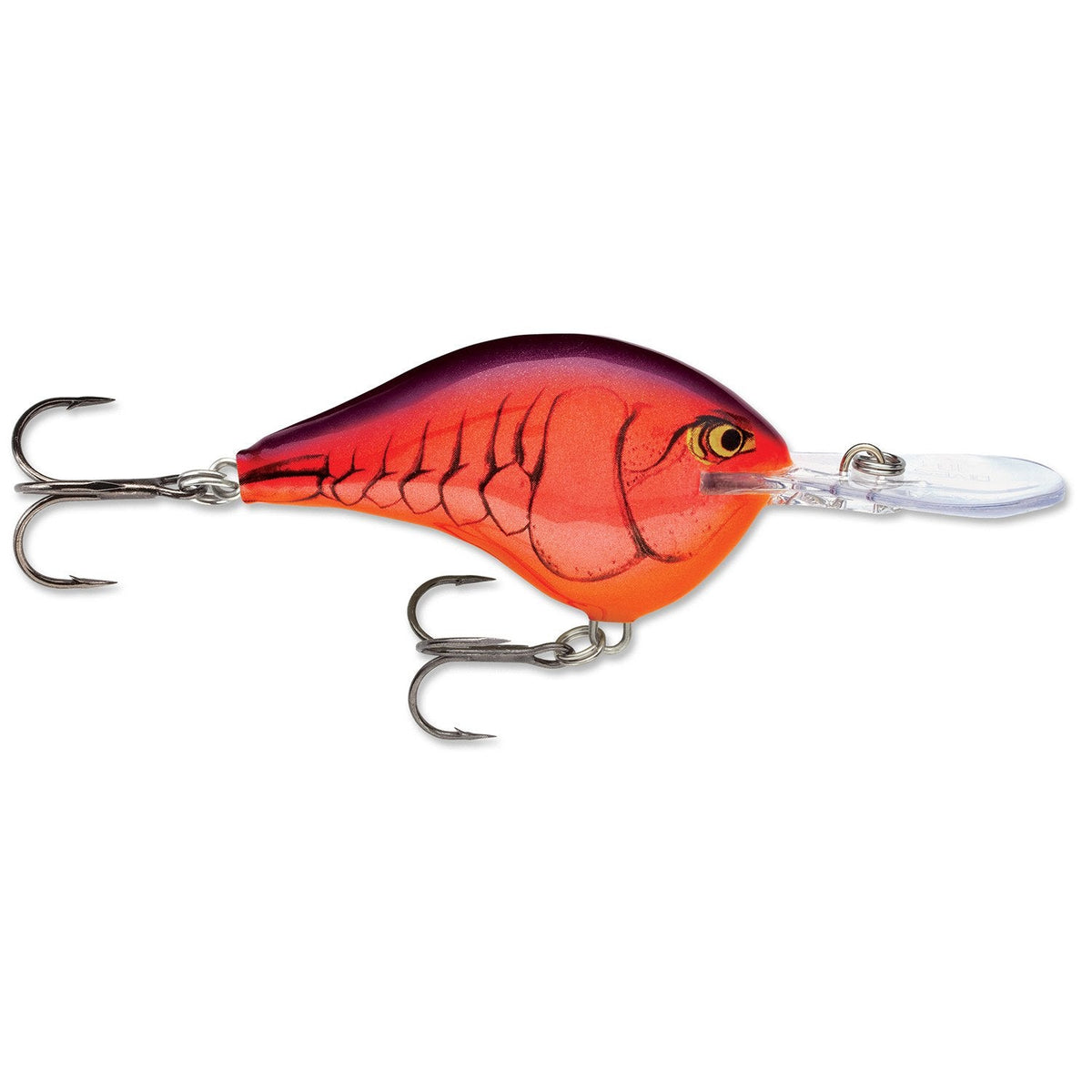 Rapala DT 14 Crankbait fishing lure in orange and red hues with black scale pattern, two treble hooks, and a clear diving lip designed for deep water fishing.