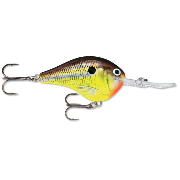 Rapala DT 14 Crankbait fishing lure with a deep water lip, featuring a yellow and brown fish scale pattern and two sharp treble hooks for effective fishing tackle.