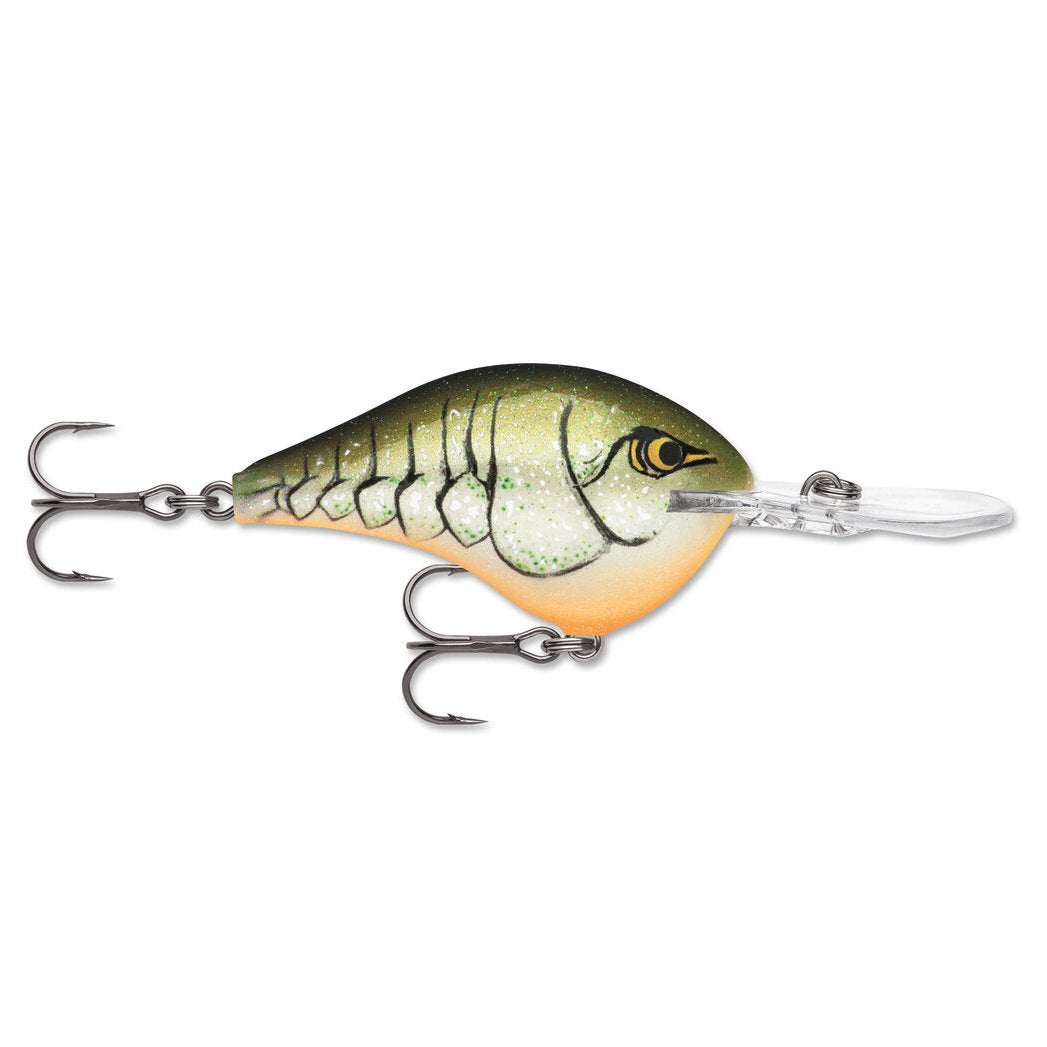 Rapala DT 14 Crankbait fishing lure with a realistic crawdad color pattern, featuring two treble hooks and a clear diving lip for deep water fishing.