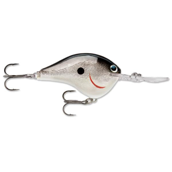 Rapala DT 14 Crankbait fishing lure with silver and black finish, featuring two treble hooks and a clear diving lip for deep water fishing.