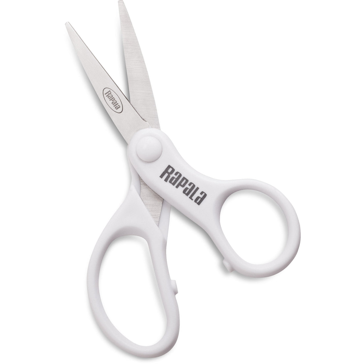 Rapala Superline Scissors feature sharp stainless steel blades with white ergonomic plastic handles designed for precise cutting of fishing line and tackle.
