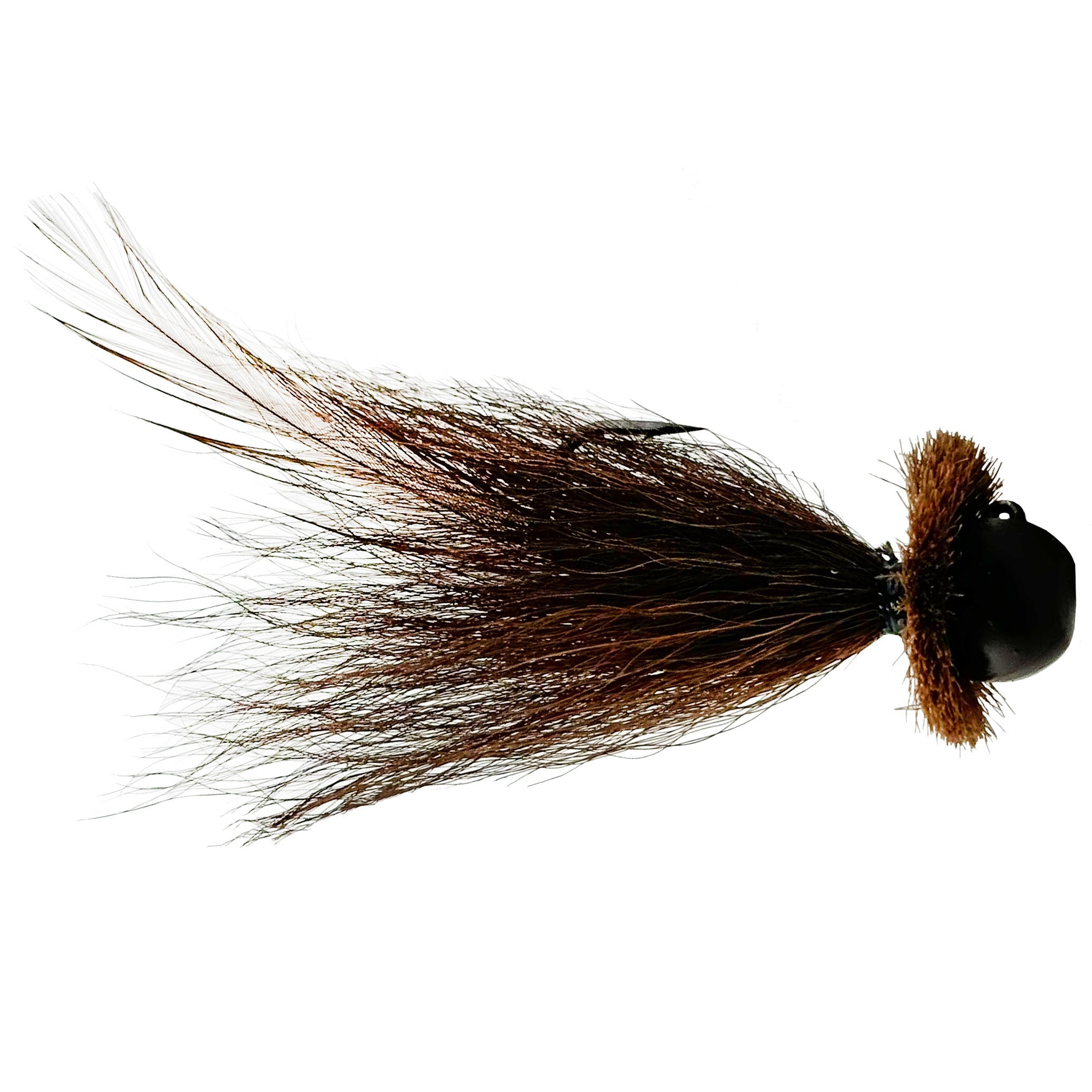 Outkast Tackle Ned Bug fishing lure featuring a dark brown, fur-like tail and weighted black head designed for effective musky fishing and fishing tackle use.