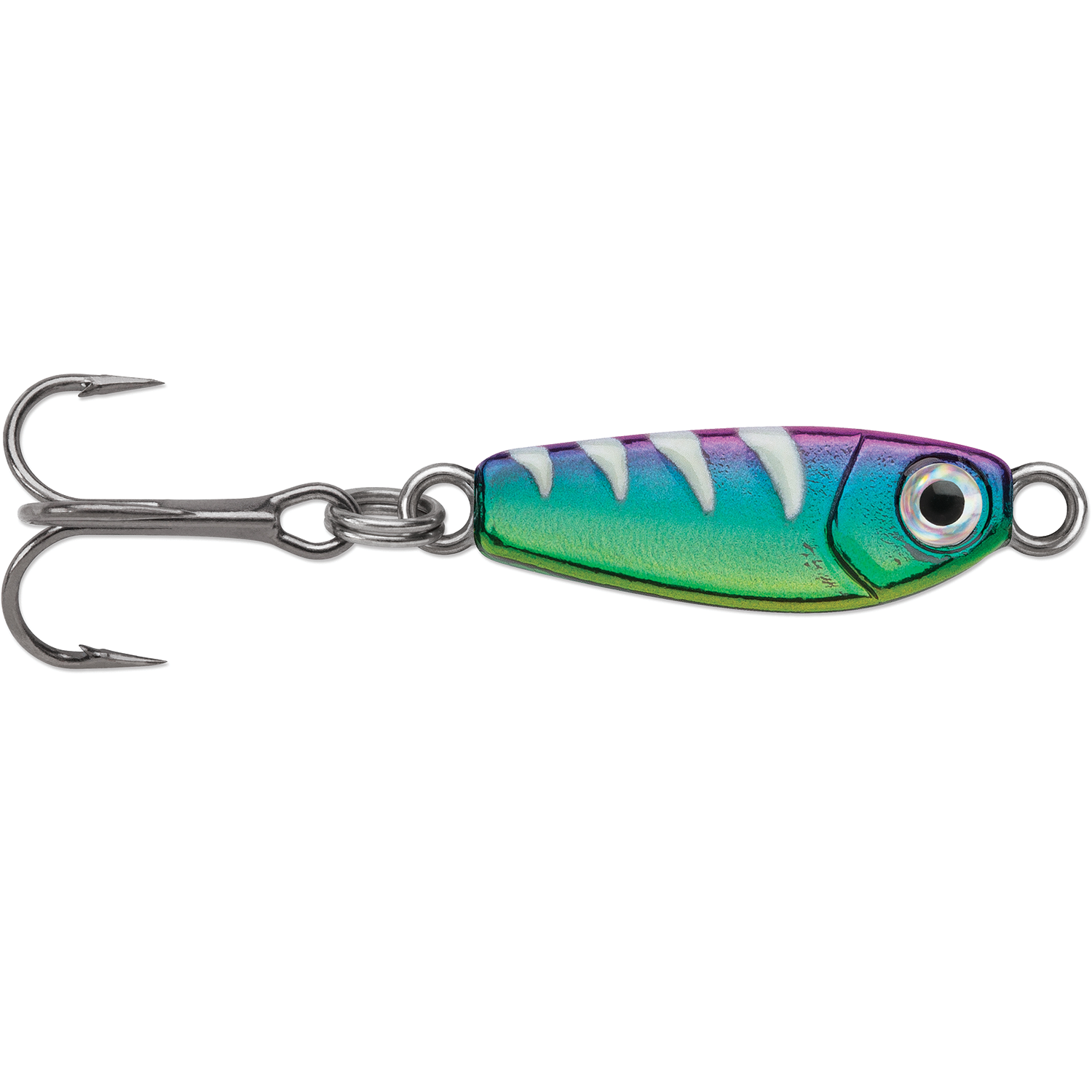 VMC Bull Spoon fishing lure with a metallic iridescent green and purple body, white stripe accents, detailed eye, and sharp treble hook for effective fishing tackle.