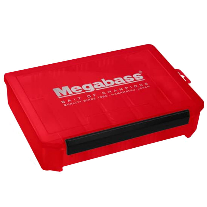 Megabass Lunker Lunch Box - 10" x 7.5" x 2.36" is a compact, durable red tackle box with a secure black latch designed for organized fishing tackle storage.