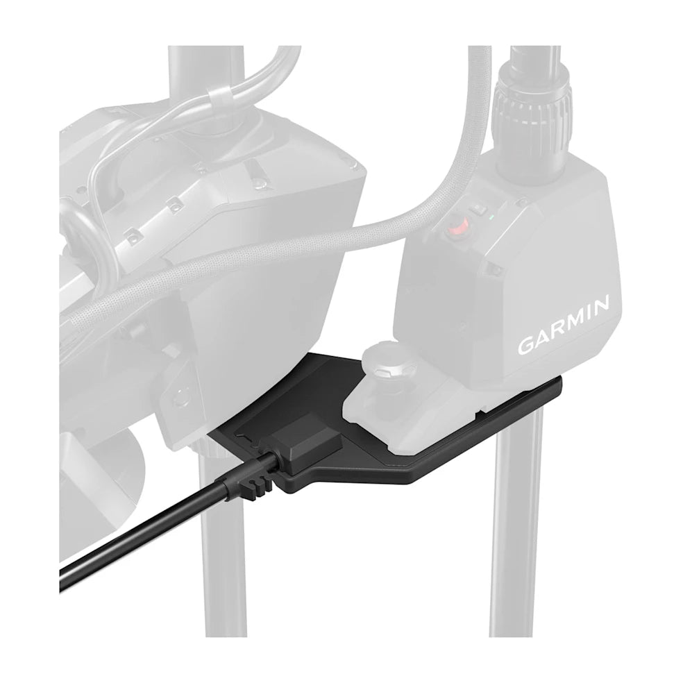 Garmin Force Pro Trolling Motor Mounting Plate 010-13404-00 shown in black, designed for secure attachment of trolling motor components with cable management features.