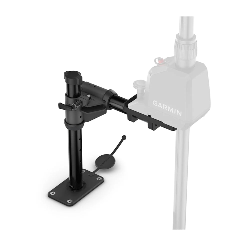 Garmin Gunnel Mount System (For Spy Pole) 010-13404-02 shown in black metal with adjustable arm and mounting base designed for secure attachment to fishing vessels for marine electronics and tackle use.