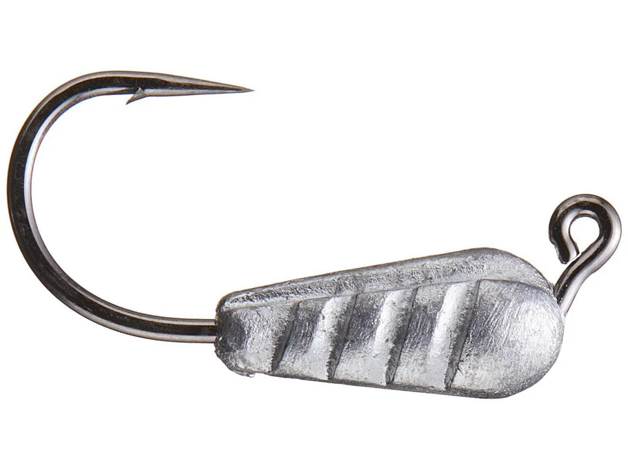 Close-up of a silver fishing jig hook with a weighted, ribbed body designed for finesse fishing, part of the X zone Stealth Series Stealth Finesse Tube Jig 4pk.