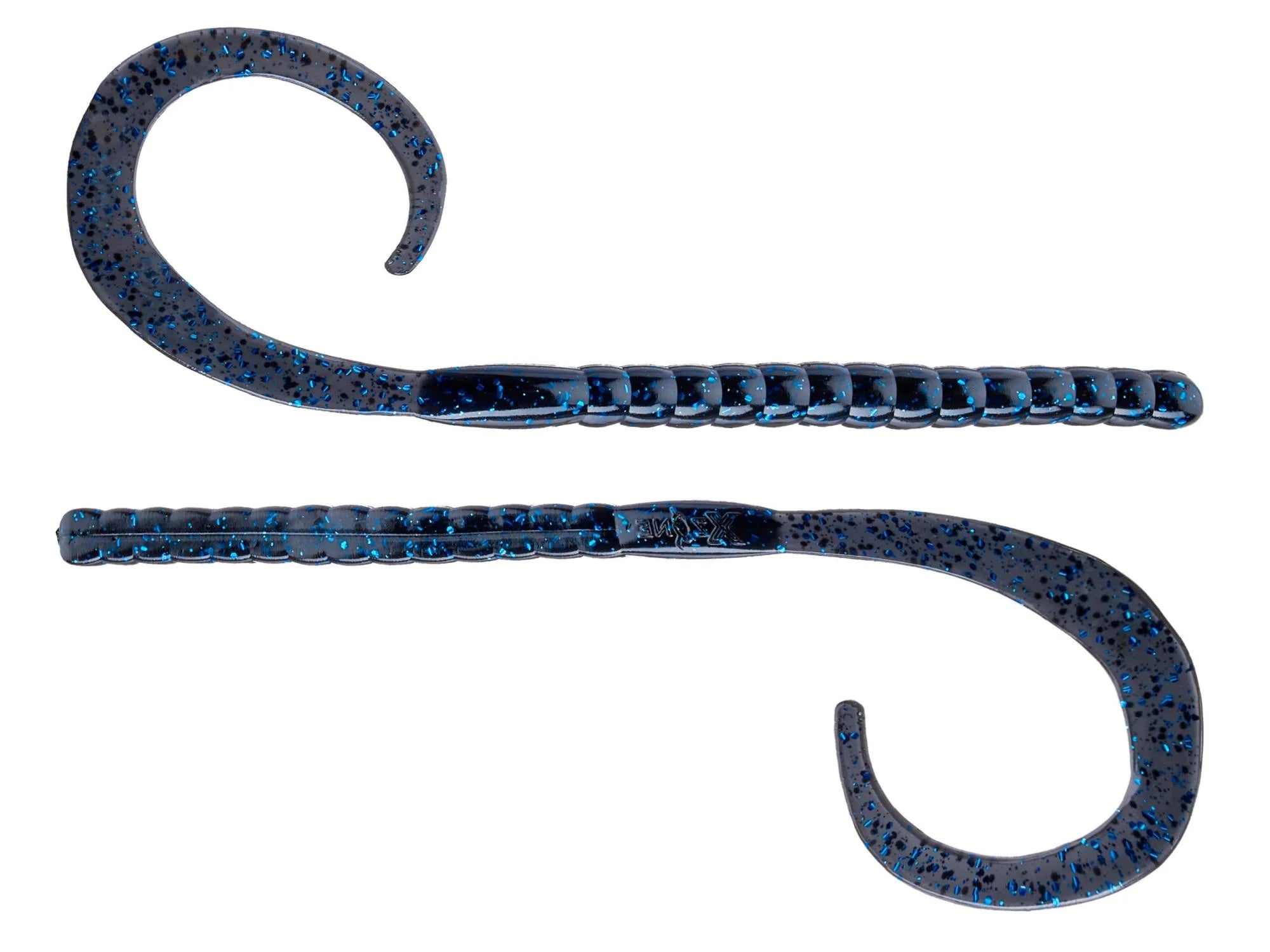 Two blue and black speckled fishing lures on a white background